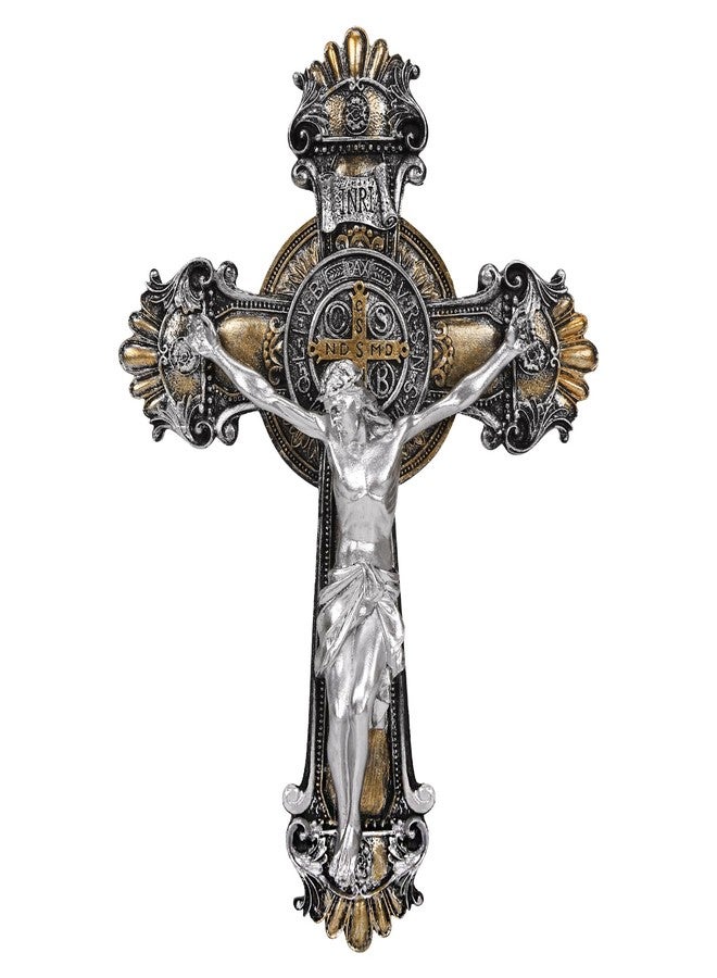 SHUS LIVE Saint St Benedict Crucifix Medal 2 Tone Wall 10 1/4 Inches, St Benedict Medals Crucifix Wall Cross Large, Hanging Catholic Jesus Christ Cross Wall Decor Religious Gifts, Cruz Del Medalla De San Benito - Image 1